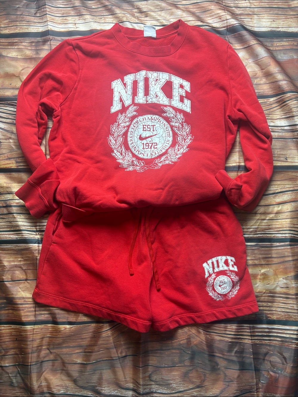Nike Red Crewneck Sweatshirt and Shorts Set